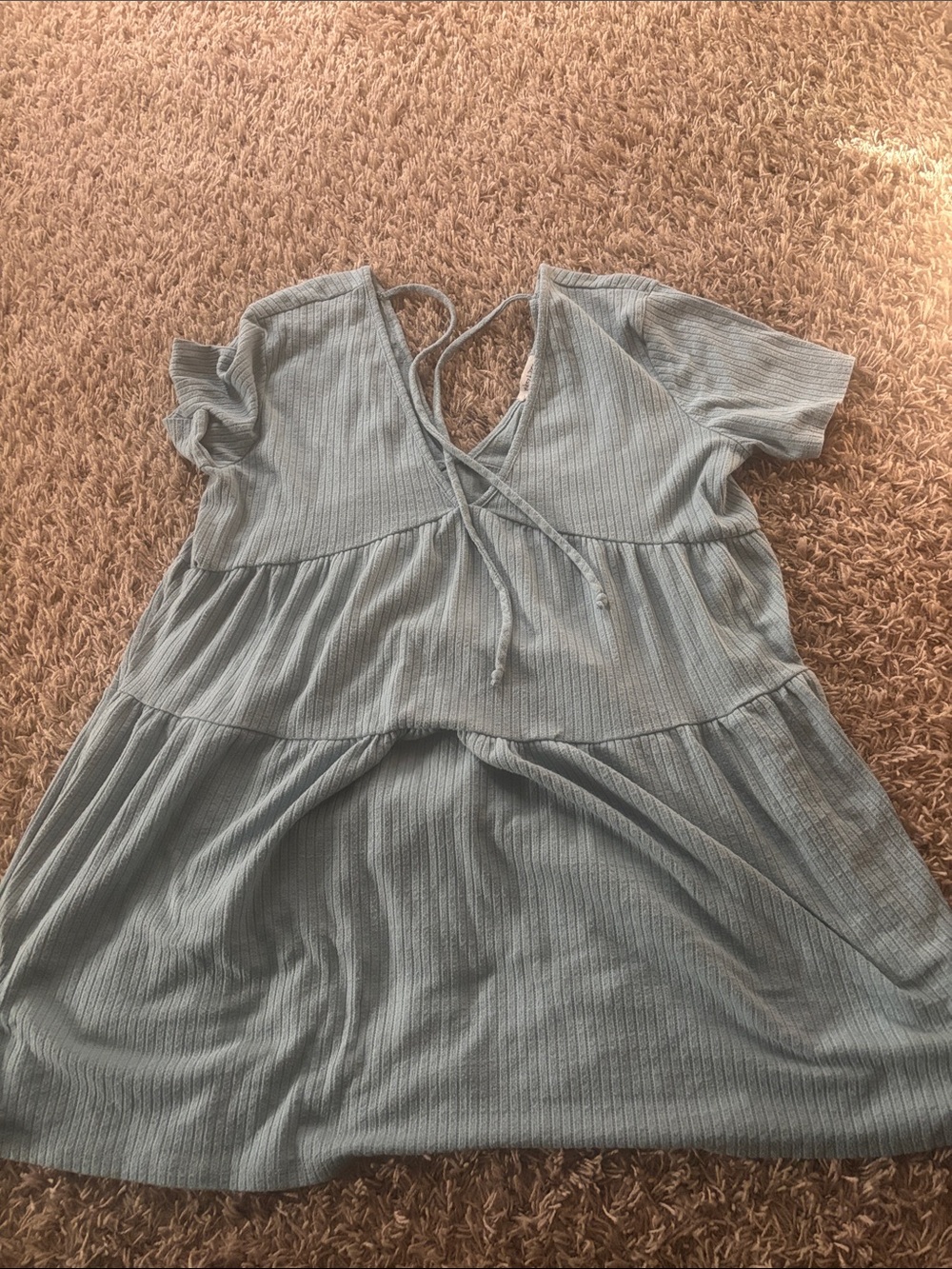 Light Blue Tiered Knit Babydoll Dress with V-Neck Tie